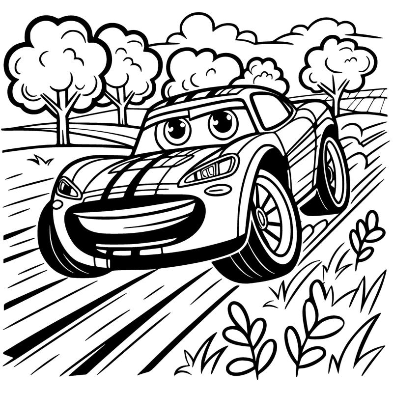 big print fast car with the eyes on and speeding on road in the field with trees