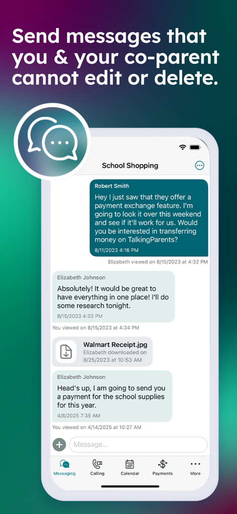 TalkingParents: Co-Parent App - TalkingParents secure messaging interface showing unalterable co-parenting chat history with read receipts