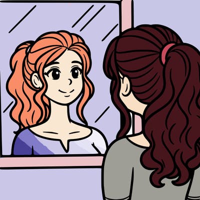 a woman looks at her reflection in the mirror