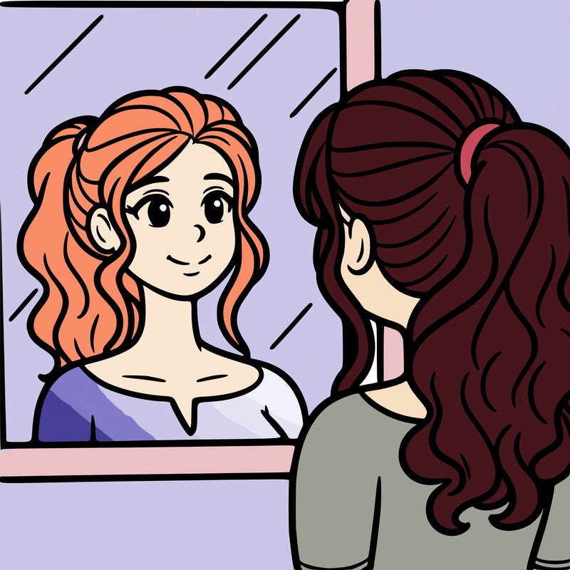 a woman looks at her reflection in the mirror