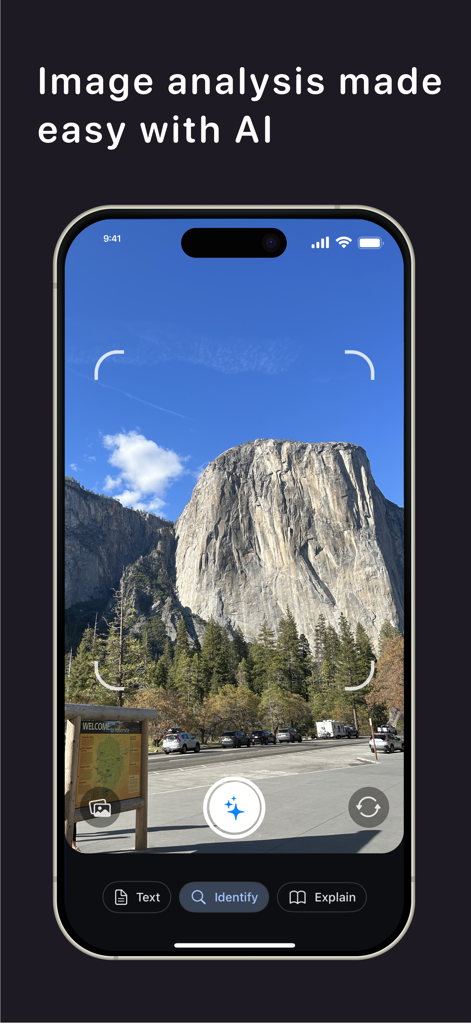 Vision GPT - Image Analyzer - Vision GPT app interface showing AI image identification of a mountain landscape
