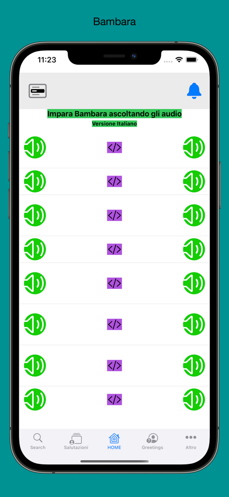 Bambara - Interfaz de la aplicación de idiomas Bambara que muestra una lista de lecciones de audio para usuarios.