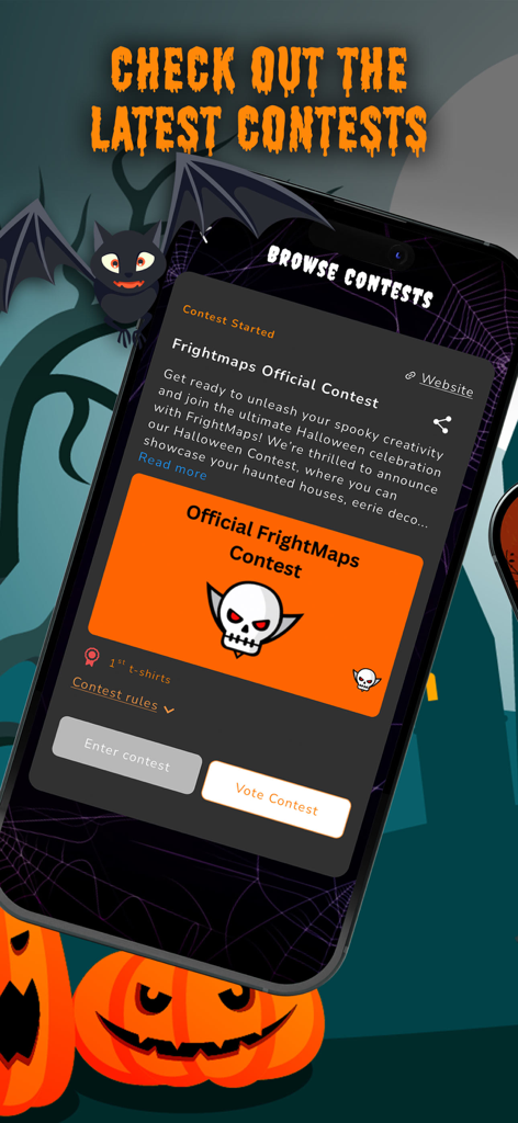 Interfaccia dell'app mobile FrightMaps che mostra una pagina di concorso di Halloween con grafica spettrale.