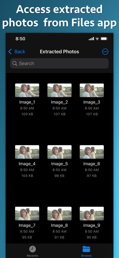 Video to Images Extractor - Una vista de cuadrícula que muestra varios fotogramas de vídeo extraídos almacenados dentro de la carpeta de la aplicación Archivos de iOS
