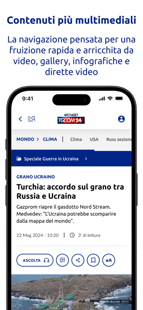 TGCOM24 - A smartphone showing the TGCOM24 news app with an article about global events and multimedia options