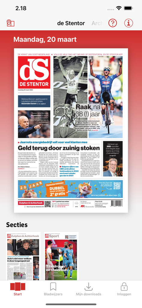 De Stentor - Digitale krant - Uma captura de ecrã da aplicação de jornal digital De Stentor a exibir a primeira página de 20 de março com manchetes e diferentes secções como notícias regionais e desporto.