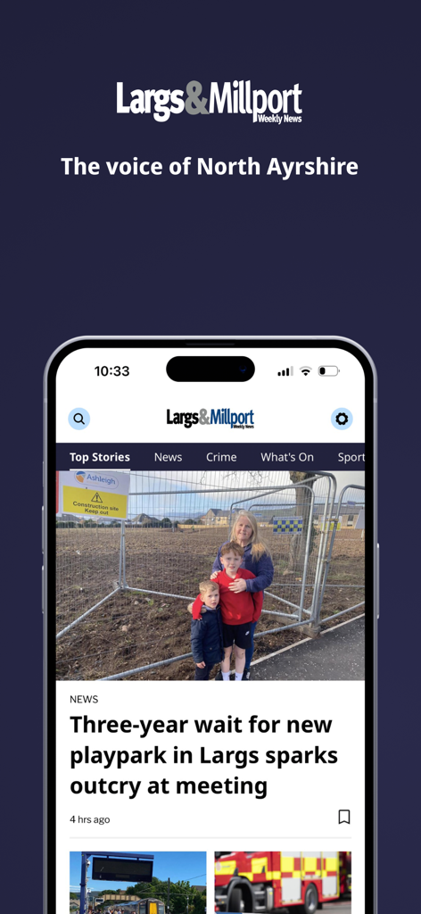 L'app Largs and Millport Weekly News che mostra storie locali su uno smartphone
