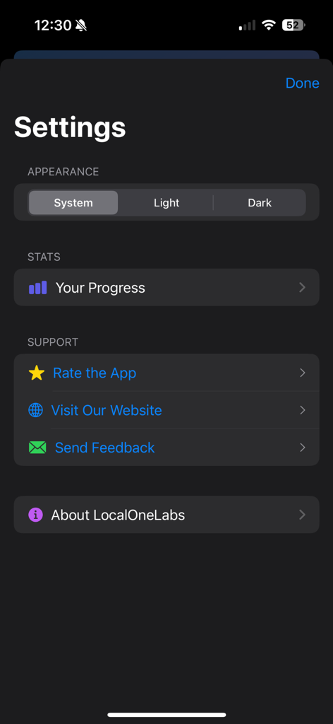 LocalOne GeoQuiz - Settings screen of the LocalOne GeoQuiz app showing options for appearance, progress tracking, and support