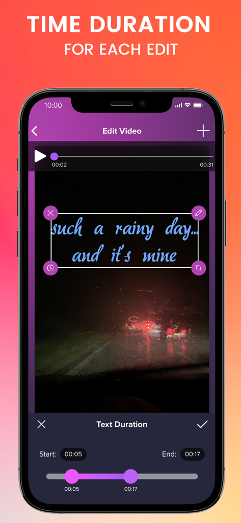 Screen Recorder Pro app interface showing the video editing tool for setting text overlay duration on an iPhone