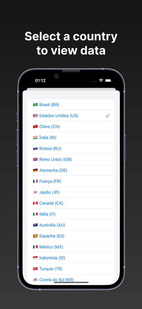 iPhone screen showing a list of countries for selecting global ASO keyword data