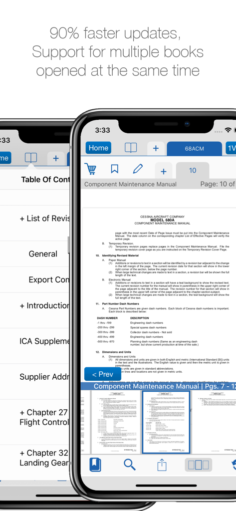 Textron Aviation 1View - Textron Aviation 1View mobile app interface showing a Cessna aircraft component maintenance manual with document navigation and multiple book tabs.