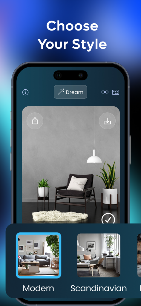 MyRoom AI - Interior Design - MyRoom AI app interface showing interior design style options like Modern and Scandinavian