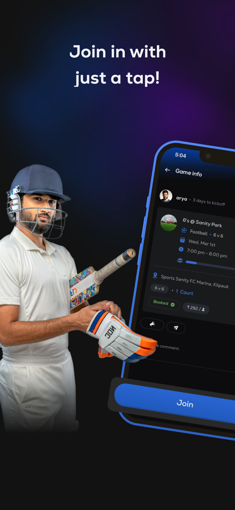 Ein Cricketspieler neben einem Handybildschirm, der die Buchungsoberfläche für Spiele der Turf Town App mit einem 'Beitreten'-Button zeigt