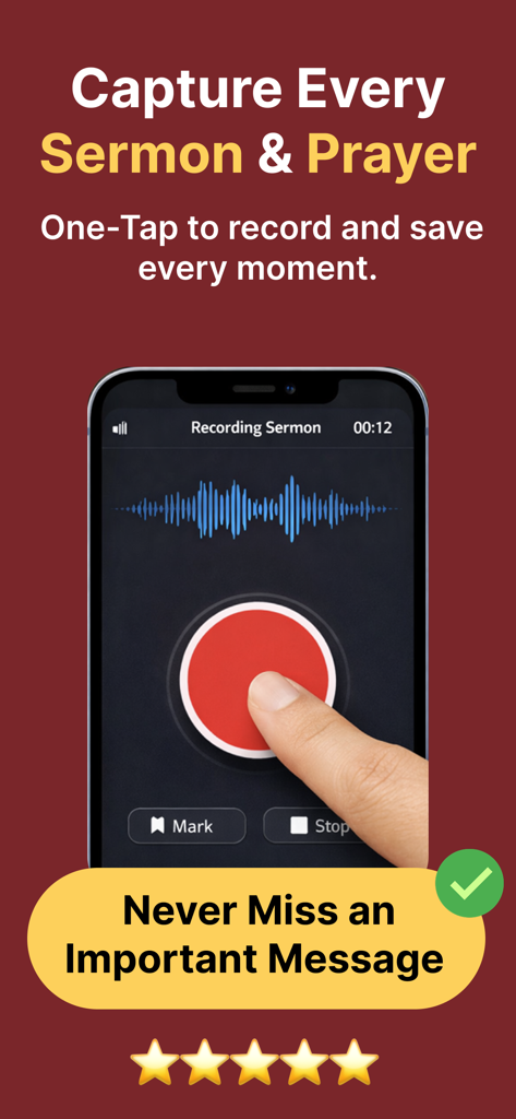 Bible Note Taker, Record, Chat - Smartphone interface showing a one-tap sermon recording feature with a waveform and red button
