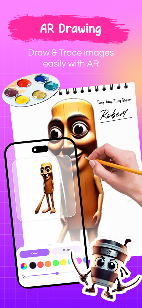 AR Draw, Face Sketch & Trace - iPhone mostrando la interfaz de dibujo RA mientras calca un personaje de dibujos animados en un cuaderno