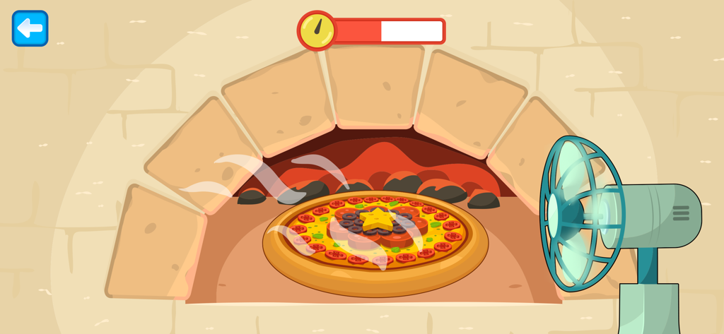 Vlad & Niki Cooking Pizza Game - A pizza with a star topping baking inside a brick oven with a fan in the Vlad and Niki cooking game
