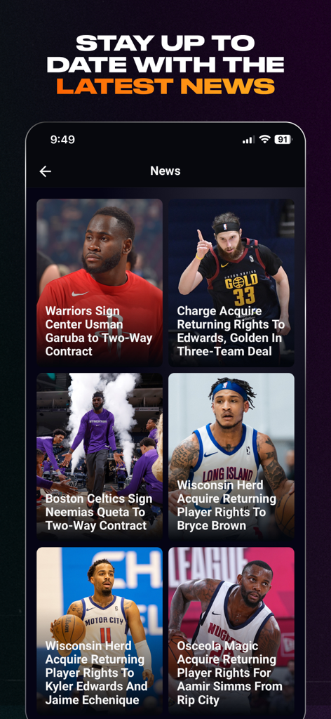 NBA G League - NBA G League app news screen featuring player transactions and signing updates