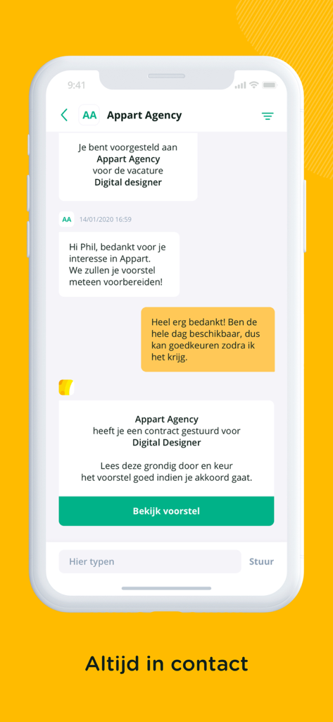 VIVA+ - VIVA plus app chat screen showing a job contract proposal