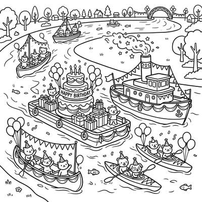 Get ready for a unique birthday celebration on the water with this delightful coloring page. Join adorable bear characters as they cruise along the river, surrounded by festive boats, gifts, and a magnificent birthday cake.