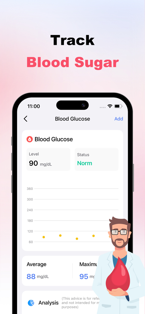 Mobile app interface for tracking blood sugar levels with glucose charts and a doctor illustration