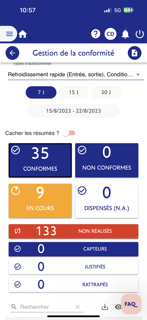 eEAT HACCP - Painel de gerenciamento de conformidade do aplicativo móvel eEAT HACCP mostrando resultados e estatísticas de auditoria de segurança alimentar