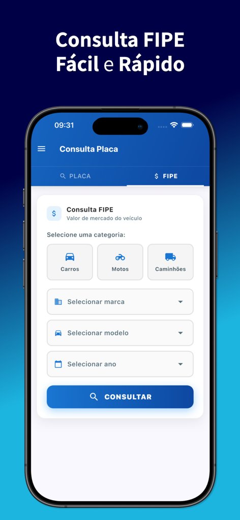 Consulta Placa Veículo e Fipe - Oberfläche der Consulta Placa App, die die FIPE-Tabellensuche für Autos, Motorräder und LKW anzeigt.