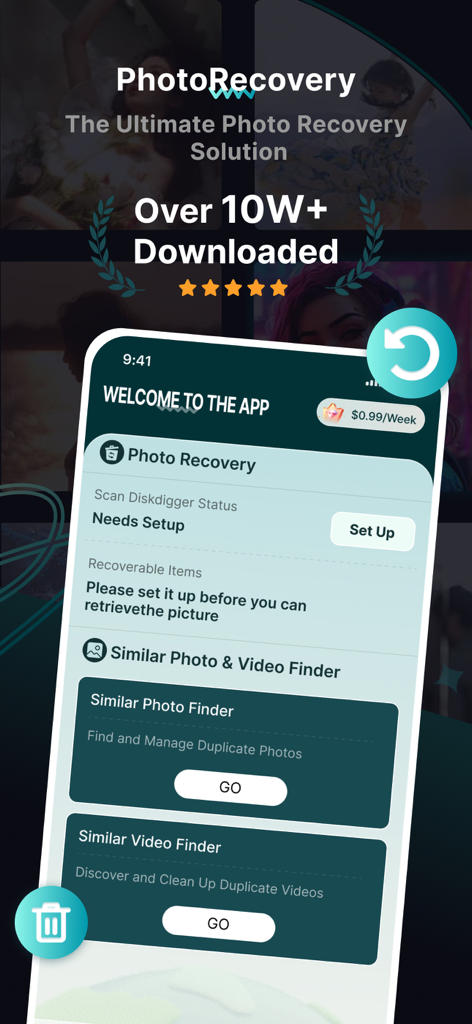 Photo Recovery-Recover Photos - 写真復元アプリのメインインターフェイス。ディスクスキャンや類似写真・動画のクリーニングオプションを表示。