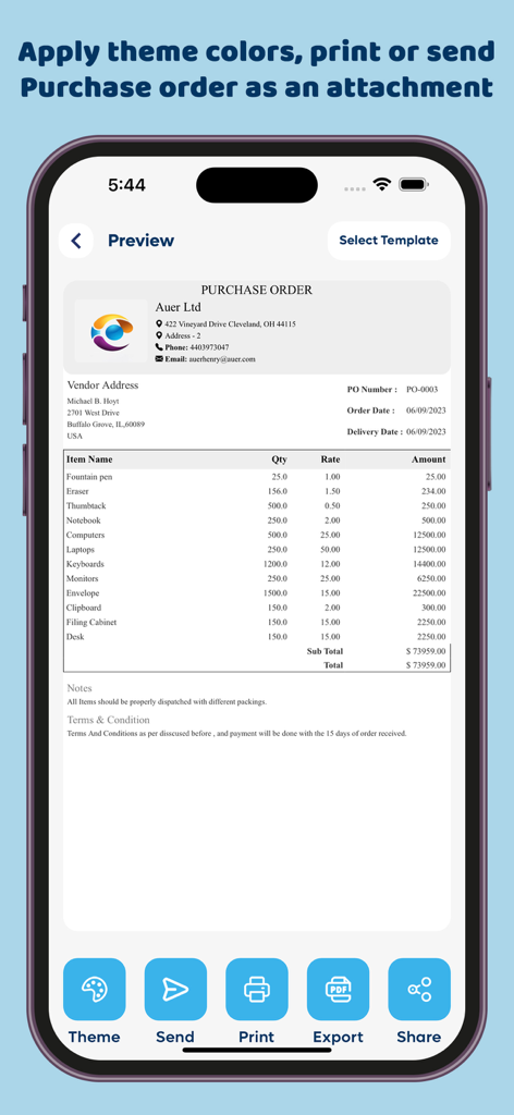 Tela de visualização do aplicativo Gerador de Pedidos de Compra mostrando um documento profissional e opções para imprimir, enviar ou exportar.