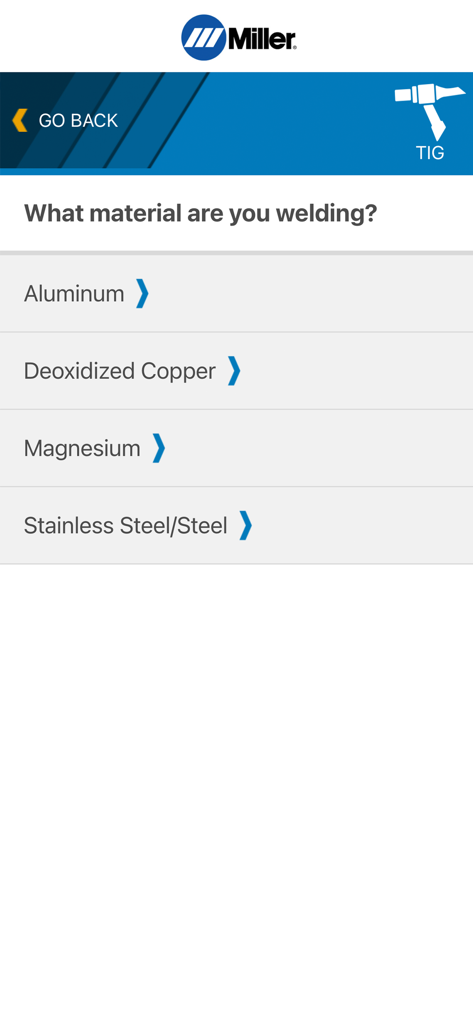 Miller Weld Setting Calculator - Material selection screen for TIG welding in the Miller Weld Setting Calculator app