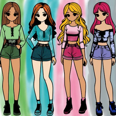 group of 4 realistic girls full body