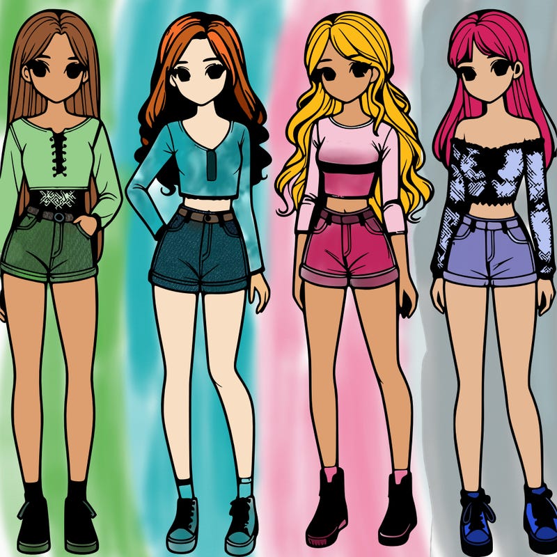group of 4 realistic girls full body