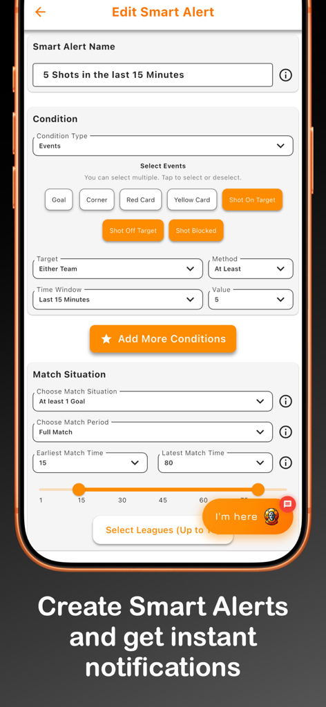 Goal Guru - Football Alerts - Configuring a custom smart alert for football matches with specific event conditions