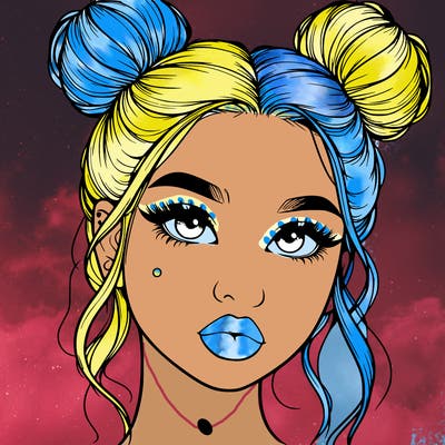 realistic girl with two buns on her hair and lips