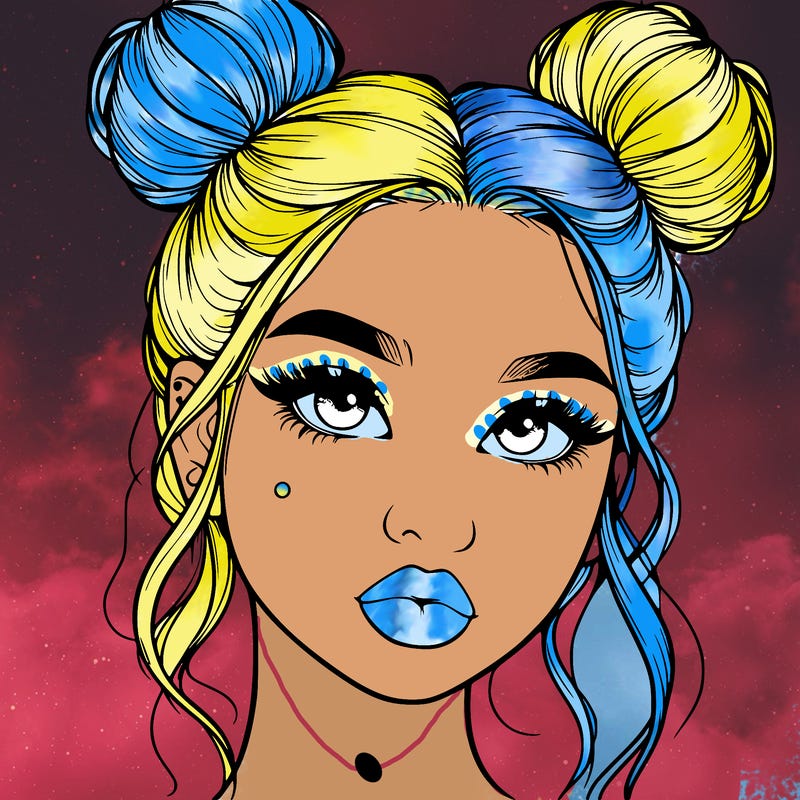 realistic girl with two buns on her hair and lips