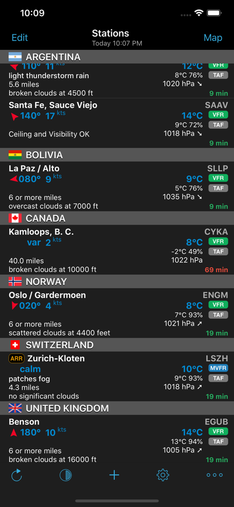AeroWeather Pro - AeroWeather Pro app interface showing METAR and TAF weather data for international airports.