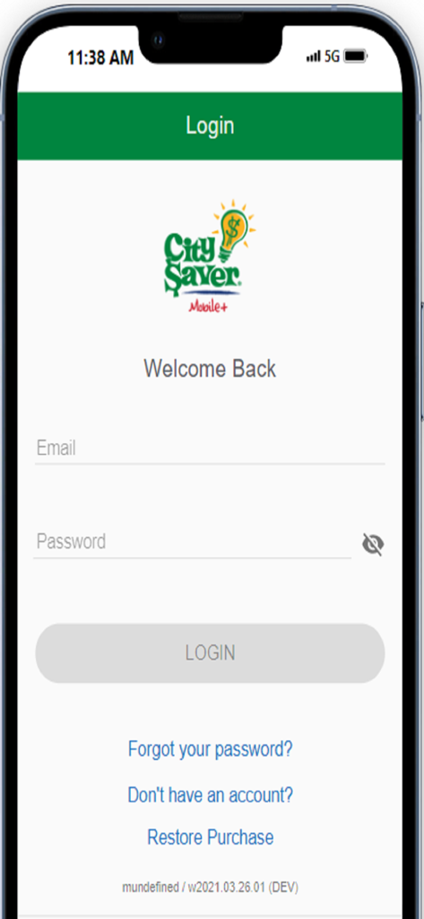 City Saver Mobile Plus - Login screen of the City Saver Mobile Plus app featuring email and password input fields