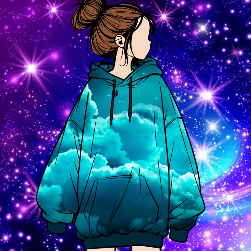 realistic girl with a oversized sweatshirt on and a bun