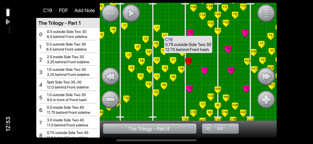 Drillbook Next Reader - Digital drill book interface showing a marching band formation on a football field with detailed coordinate markers for a performer