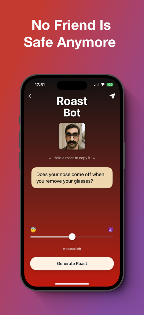 Roast Bot - AI Roast Generator - A mobile app interface of Roast Bot generating a humorous roast from an uploaded photo of a man.