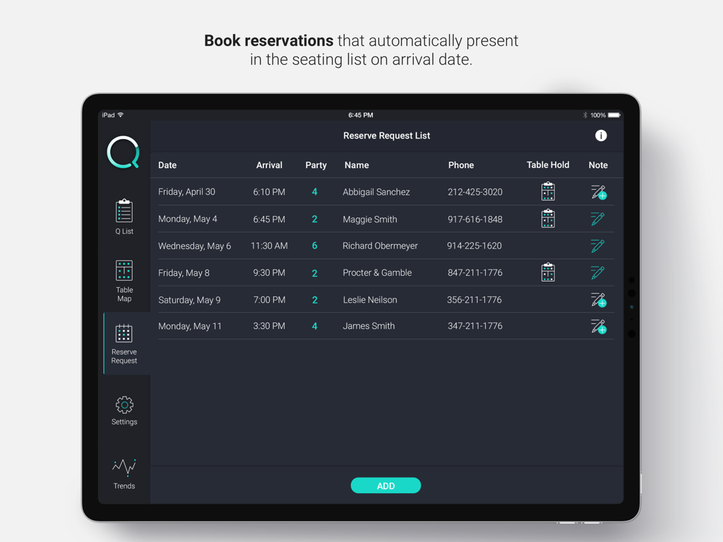 Q Host Restaurant App - iPad-Bildschirm, der die Funktion der Reservierungsanfrageliste der Q Host Restaurant App anzeigt