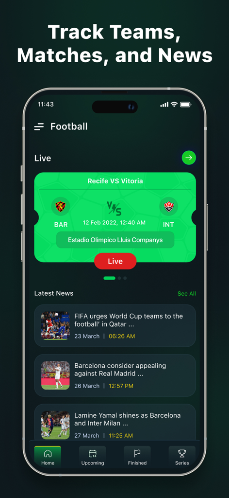 Live Football TV: Soccer Score - Interfaz de aplicación móvil de Footly que muestra actualizaciones de marcadores de fútbol en vivo y los últimos titulares de noticias de fútbol