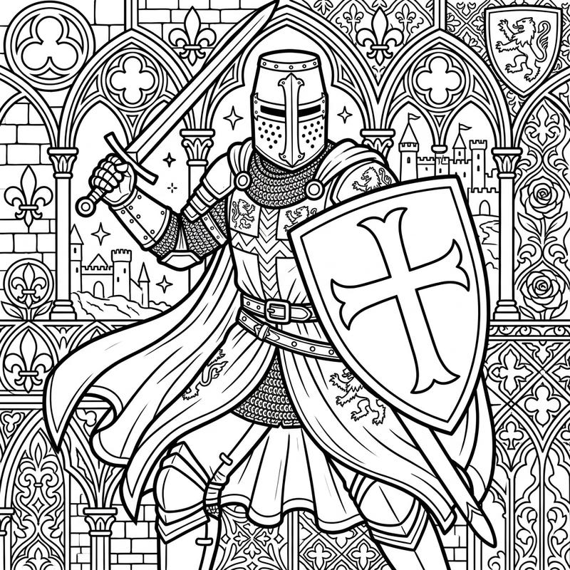 Dive into an epic medieval adventure with this dynamic Crusader Knight coloring page, designed especially for teens. Featuring intricate armor, a mighty sword, and a detailed shield, it offers a captivating historical journey for your artistic flair.