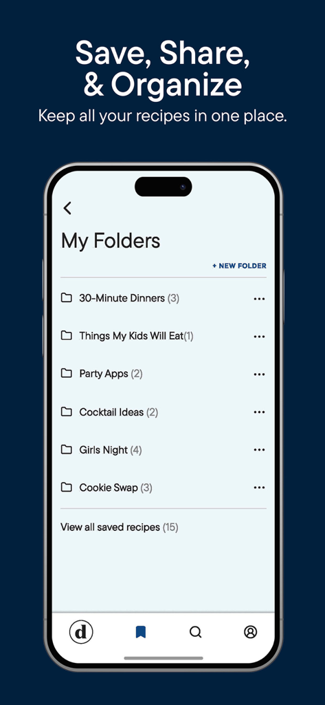 Delish: Original Fun Recipes - Screenshot des Abschnitts "Meine Ordner" der Delish-App mit benutzerdefinierten Rezeptkategorien wie "30-Minuten-Abendessen" und "Mädchenabend"