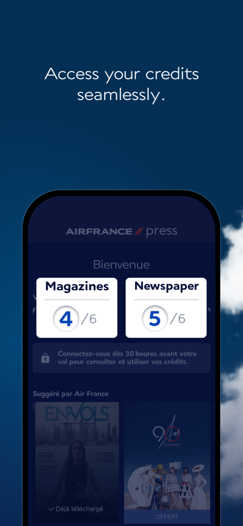 Air France Press - Smartphone screen showing the Air France Press app interface with magazine and newspaper credit status