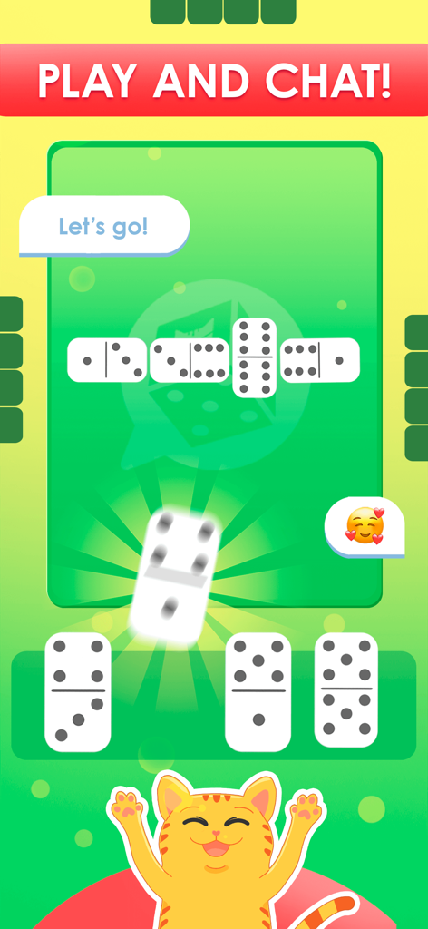Lua Chat: Bingo, Ludo & Cards - Mobile dominoes game interface with chat bubbles and a happy cat mascot