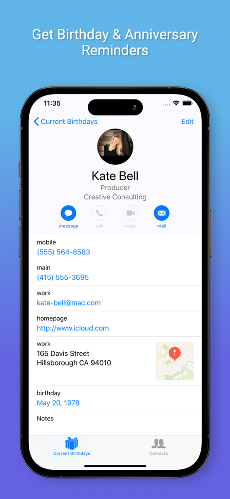 Birthday Reminders - iPhone screenshot of the Birthday Reminders app displaying a contact profile with birthday and contact information.