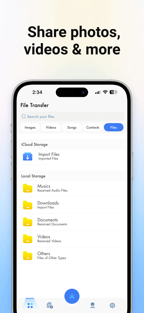 The file transfer app screen displaying options to share images videos and songs
