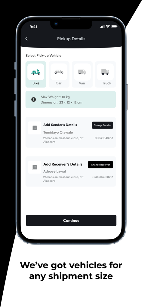 GIG LOGISTICS MOBILE - Giggo app interface for selecting pickup vehicle and entering sender and receiver details