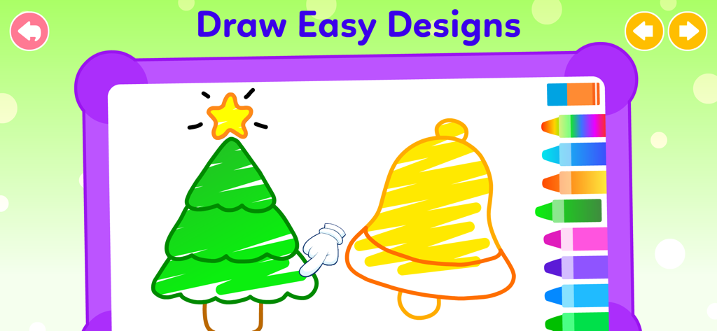 Kids drawing app interface showing a green Christmas tree and a yellow bell being colored with digital crayons