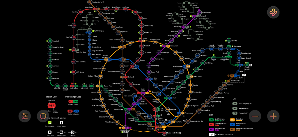 Detailed color-coded map of the Singapore MRT and LRT transit system.